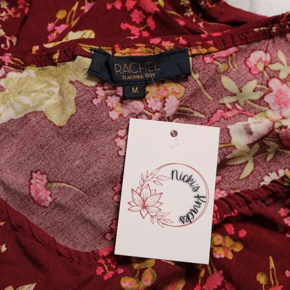 Rachel Roy One Shoulder Floral Tie Waist Top Puff Sleeve Red Boho Y2K Size M - Picture 6 of 10